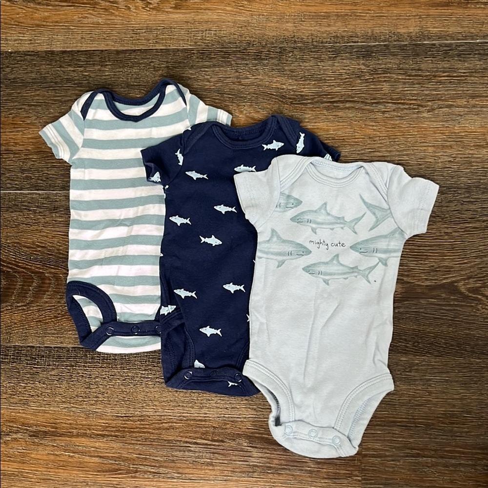Set of 3 Newborn Shark Print Baby Onesies